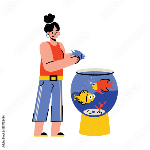 A flat style illustration showing a fish aquarium 
