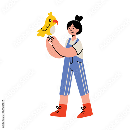 A flat style illustration showing a character having pet bird 
