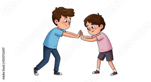 Illustration Of Two Brothers Pushing Each Other With Transparent Background