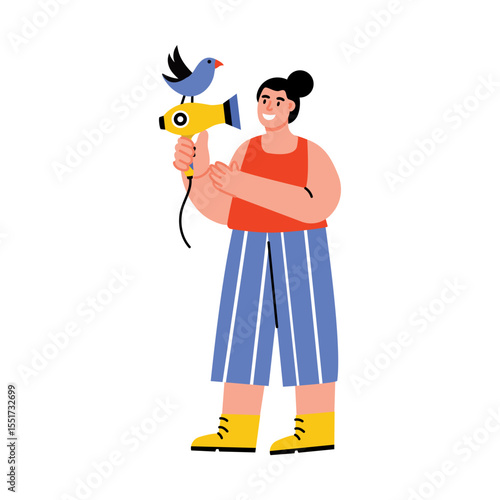 A flat style illustration showing a character having a canary bird 
