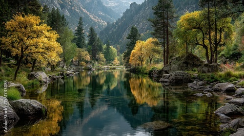Majestic autumn landscape with tranquil river and colorful foliage in mountainous region