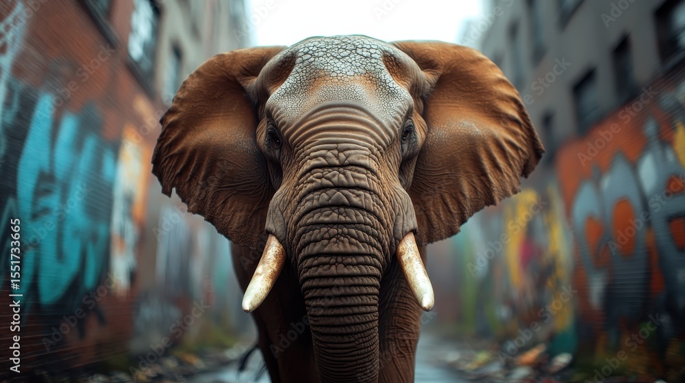 A striking close-up of a majestic elephant stands out against a backdrop of vibrant urban graffiti, blending wildlife with contemporary street art in a captivating setting.