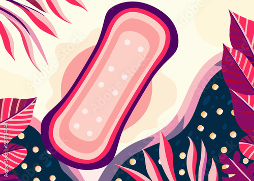 Sanitary pad illustration, pink and purple, tropical leaves, for feminine hygiene campaigns