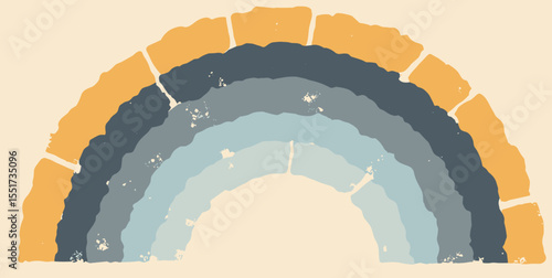 Half-circle mosaic art in saffron, coal gray, cream, and sky blue