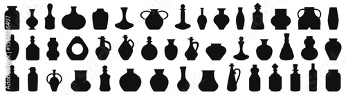 Bottle and jug silhouette collection. Oil, potion, alcohol, perfume black bottle silhouette. Set of black jug silhouette