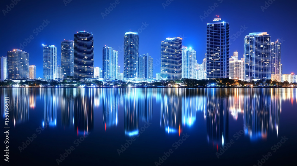 Fototapeta premium City night scene lake reflection