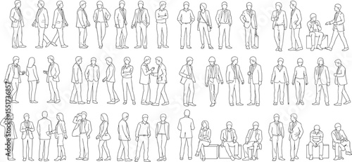 Business people vector outline, walking, standing, sitting, professional poses, office character sketch, black line art illustration set

 flat vector illustration