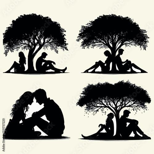 Couple sitting under tree silhouette couple silhouette tree man woman background 