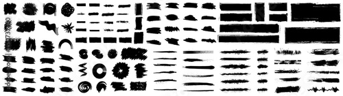 Abstract black brush ink stencils collection. Set of dried paint splattered in grunge style. Set of black paint, ink brush strokes isolated