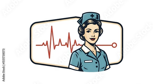 Vintage Nurse Illustration with Ecg Heartbeat Line on Healthcare Background Professional Woman
