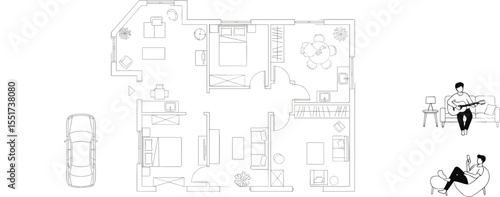 Modern apartment floor plan, interior layout, home furniture blueprint, top view, vector illustration, residential design, house plan, line art

 flat vector illustration
