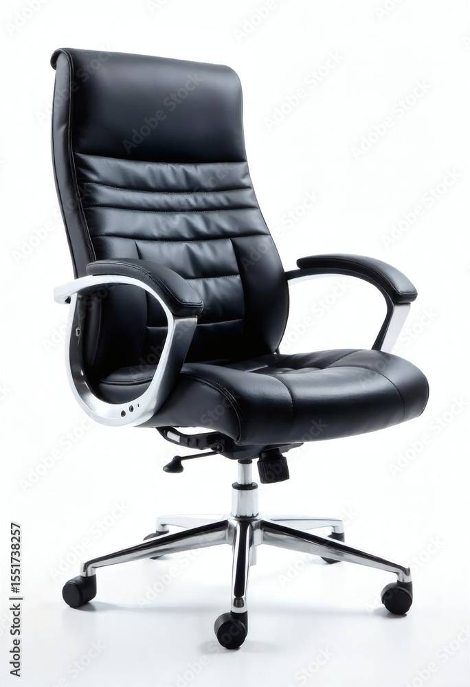 A sleek, black leather office chair with chrome accents, isolated on a white background, sharply lit to accentuate its ergonomic design. A sleek, black leather office chair with chrome accents, isolated on a white background, sharply lit to accentuate its ergonomic design.