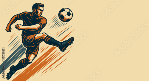 Athletic soccer figure  in action, vintage vector artwork