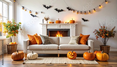 Cozy Halloween living room decorated with pumpkins, bats, and fairy lights