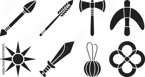 Ancient weapon icons spear arrow axe bow sword mace sun symbol vector