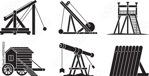 Black and white vector icons of siege weapons and structures catapult trebuchet