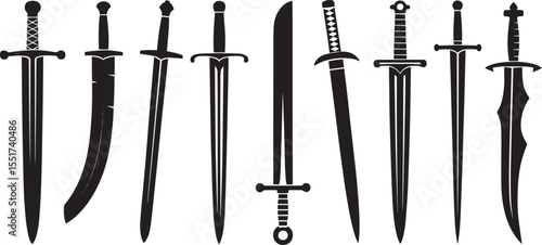 Collection of black sword silhouettes on white background weapon blade