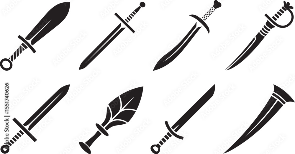 Naklejka premium Collection of Eight Black Sword Silhouettes on White Background weapon blade