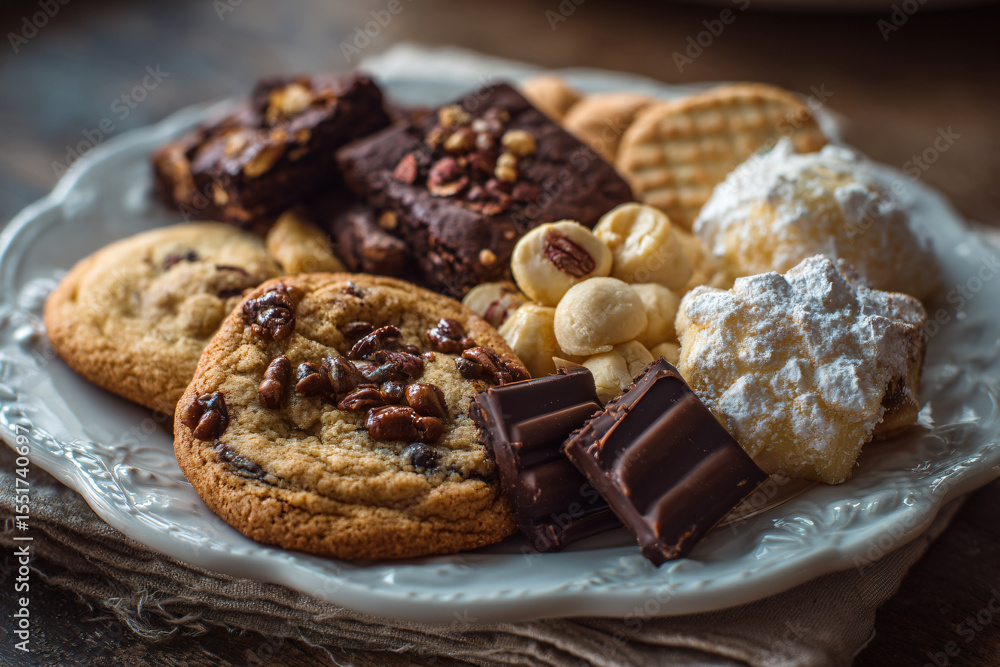 a plate of cookies and other desserts on a table