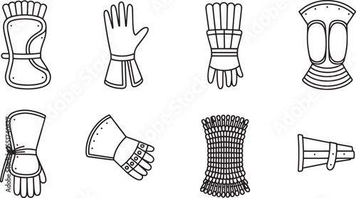Collection of medieval gauntlet and glove line art icons armor hand
