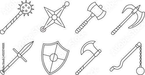 Medieval weapon icons line art mace axe shield shuriken flail vector