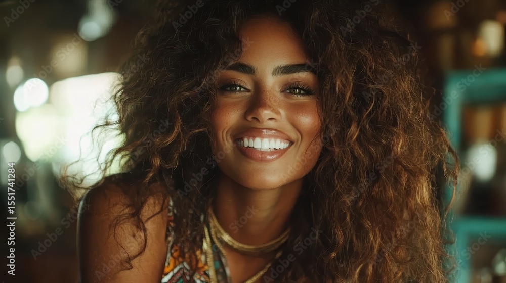 Fototapeta premium A cheerful woman with curly hair and a warm smile poses in a vibrant setting, exuding confidence and joy, embodying positivity and beauty in everyday life.
