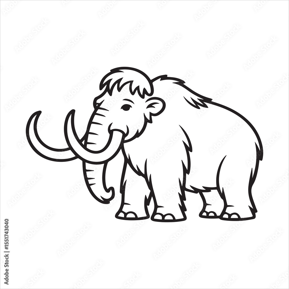 Fototapeta premium Mammoth Line Art Illustration for Coloring and Education,Cartoon Mammoth Outline Drawing Vector,Woolly Mammoth Black and White Sketch Style,Cute Mammoth Vector Outline for Kids,Hand Drawn Mammoth Side