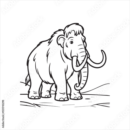 Mammoth Line Art Illustration for Coloring and Education,Cartoon Mammoth Outline Drawing Vector,Woolly Mammoth Black and White Sketch Style,Cute Mammoth Vector Outline for Kids,Hand Drawn Mammoth Side