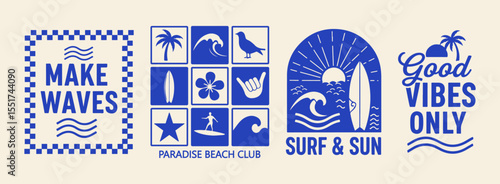 Vector graphic set with a tropical surf and sun theme illustrations. Including phrases such as Make Waves, Surf & Sun, Paradise Beach Club, and Good Vibes Only. t-shirt print, poste