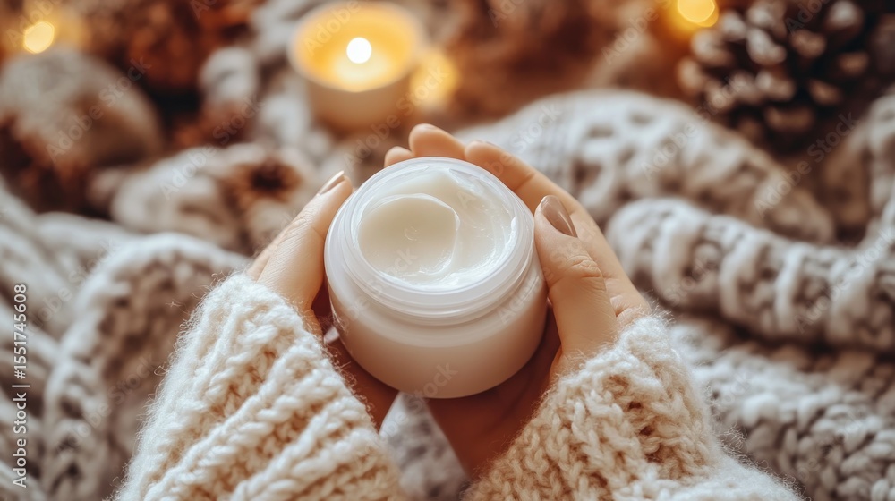 Hands holding a white cream jar, wrapped in a cozy sweater, surrounded by warm holiday decorations Hands holding a white cream jar, wrapped in a cozy sweater, surrounded by warm holiday decorations