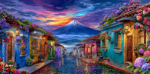 In Antigua, Guatemala, a cobblestone street filled with color and charm is complemented by a church and mountain, making it a popular travel destination and showcase of local architecture