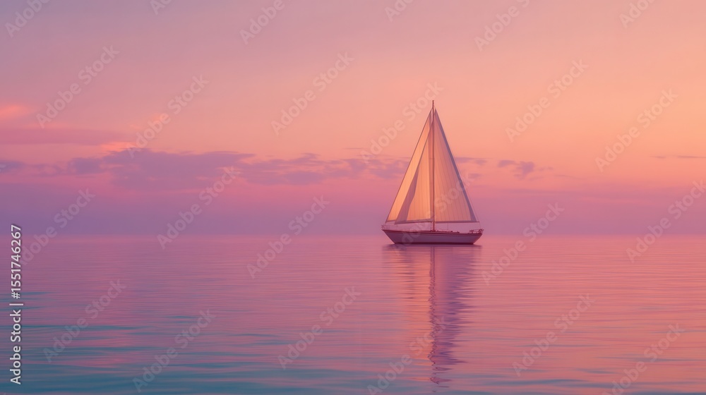 Fototapeta premium Elegant Sailboat at Sunset on Calm Sea – Tranquil Cruise Scene
