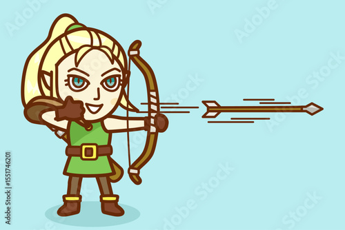 弓を射るエルフの女性のイラスト／Illustration of an elf woman shooting a bow