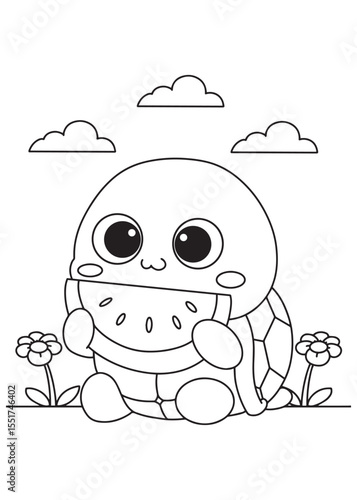 Coloring book turtle with big round eyes happily munching on a juicy watermelon slice