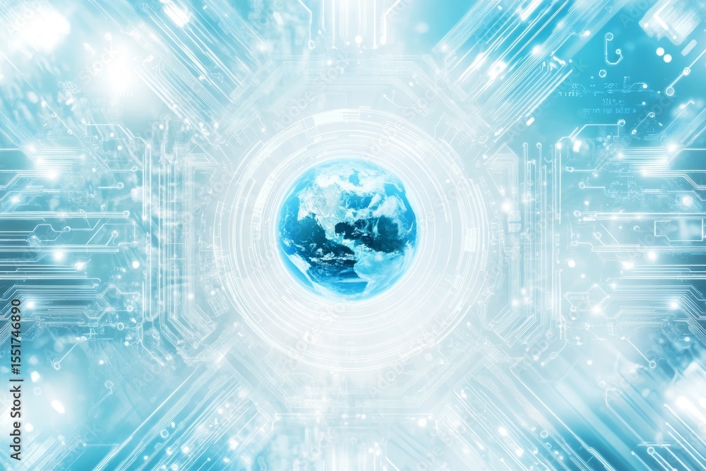 Obraz premium Digital technology background with blue and white colors, including the Earth in the center of the screen surrounded by circuit board lines, digital sound waves radiating outwards