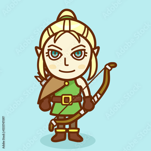 手に弓を持つエルフの女性のイラスト／Illustration of an elf woman holding a bow