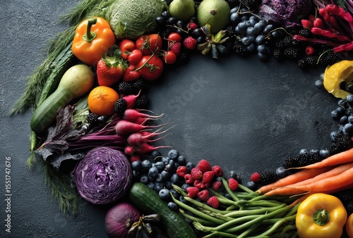 Colorful array of fresh vegetables and fruits arranged in a circular frame on a dark surface for vibrant food photography and healthy lifestyle imagery