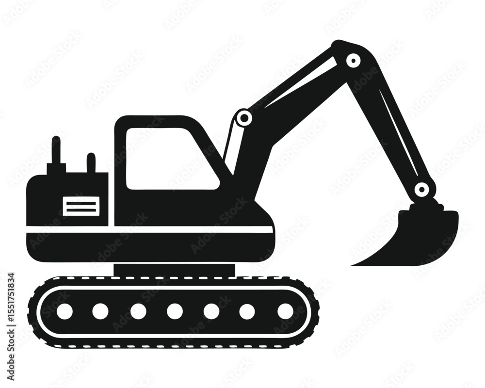 Black Excavator Silhouette on White Background for Construction or Industrial Use Black Excavator Silhouette on White Background for Construction or Industrial Use