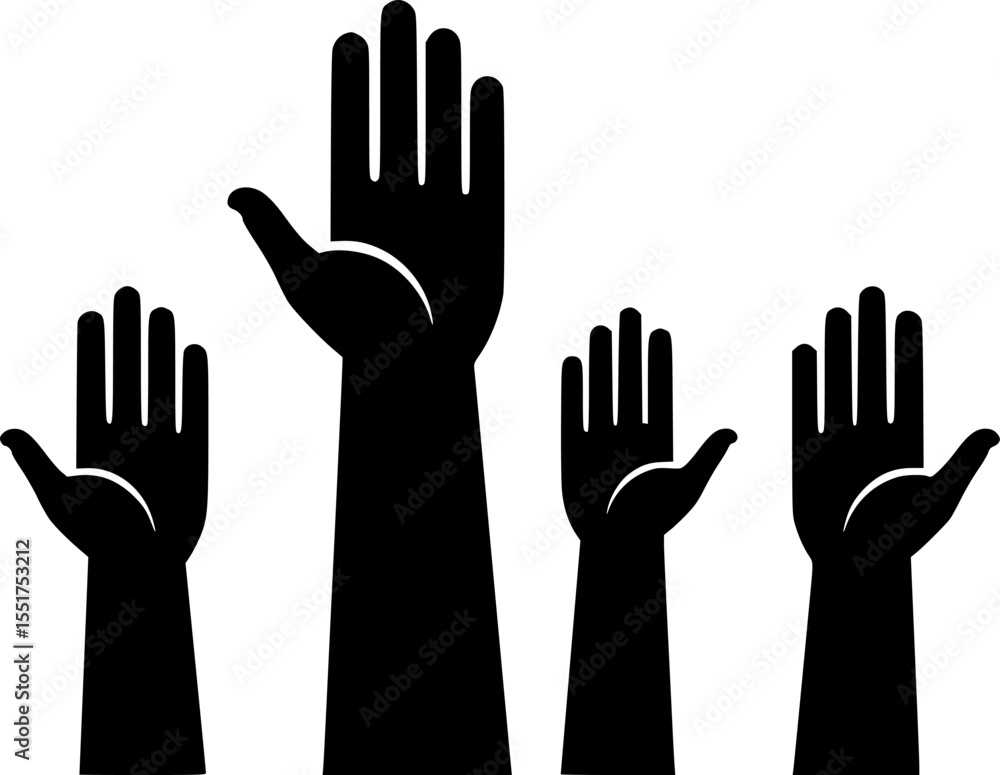 Obraz premium Four Black Hands Raised Upward on a White Background vector illustration 