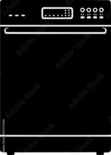A simple monochrome silhouette illustration of a modern household dishwasher appliance vector illustration
