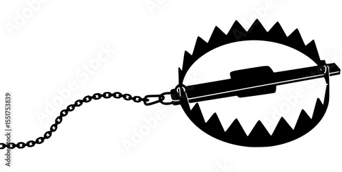 Stylized black silhouette of a bear trap or animal snare on white vector illustration
