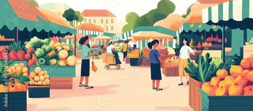 Outdoor market scene with bustling shoppers and fresh produce stalls