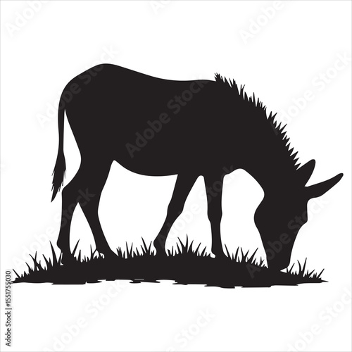 Donkey Silhouette Grazing on Grass Vector Illustration,Black Donkey Silhouette Standing in Field Clipart,Grazing Donkey Animal Silhouette in Grass Design,Farm Donkey Silhouette with Grass Vector Art