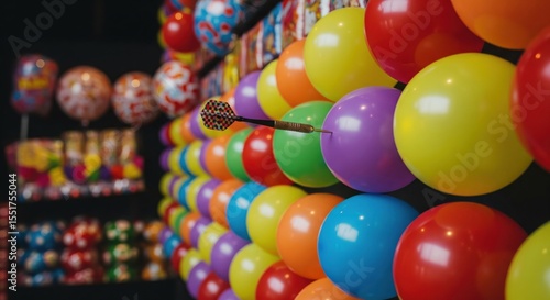 Dart hitting a balloon at colorful carnival game booth