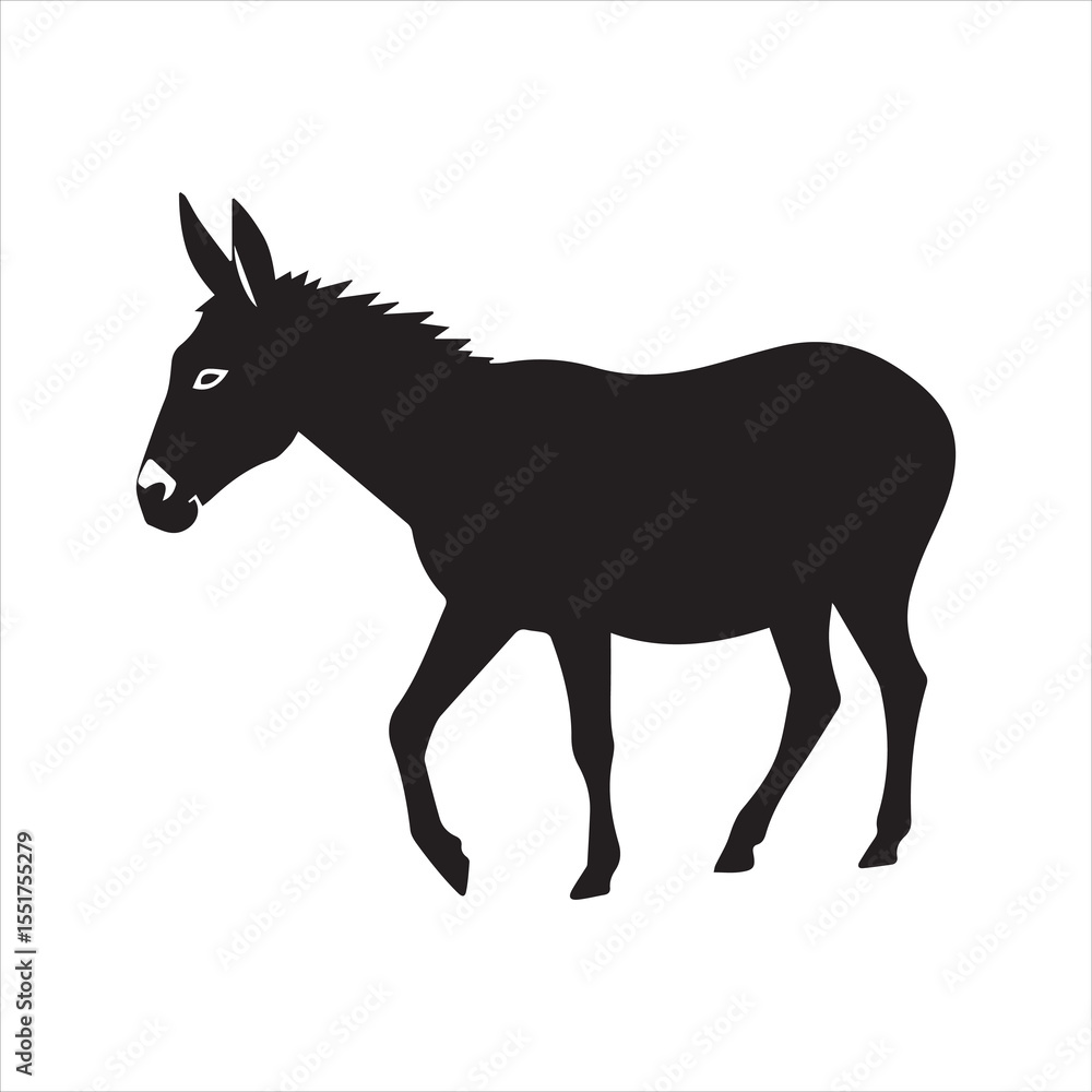 Obraz premium Donkey Silhouette Grazing on Grass Vector Illustration,Black Donkey Silhouette Standing in Field Clipart,Grazing Donkey Animal Silhouette in Grass Design,Farm Donkey Silhouette with Grass Vector Art