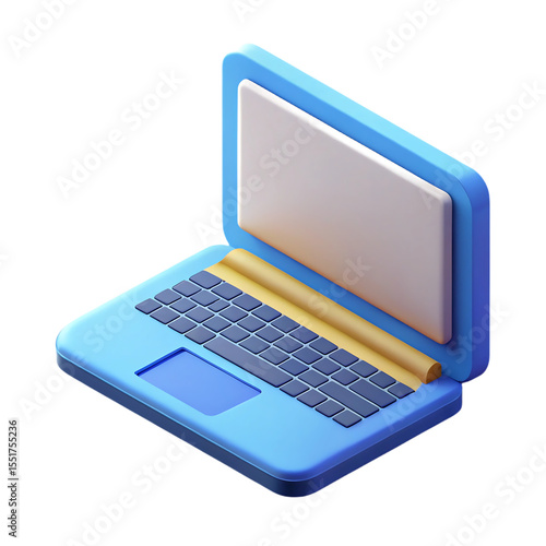 Isometric render of a blue laptop with white screen and dark keyboard on a black background