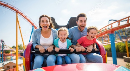 Fototapeta Naklejka Na Ścianę i Meble -  Happy family riding a roller coaster at amusement park on sunny day