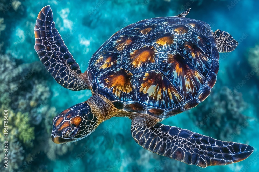 Obraz premium A drone captures a top-down view of a green turtle swimming in the clear blue water of Exmouth in the Ningaloo, Western Australia, where it can be seen breathing at the surface, displaying the
