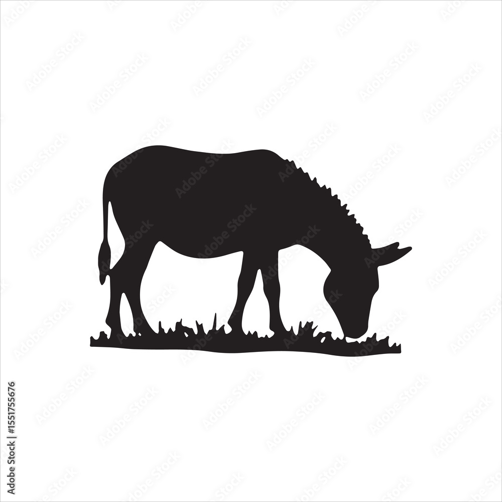 Fototapeta premium Donkey Silhouette Grazing on Grass Vector Illustration,Black Donkey Silhouette Standing in Field Clipart,Grazing Donkey Animal Silhouette in Grass Design,Farm Donkey Silhouette with Grass Vector Art