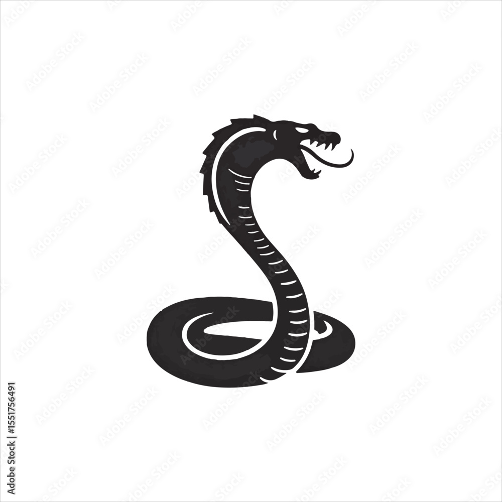 Fototapeta premium Cobra Snake Silhouette Vector Design,Aggressive Snake Illustration in Black,Coiled Snake with Open Mouth Vector,Dangerous Cobra Snake Art for Tattoo,Wild Snake Logo Design in Flat Style